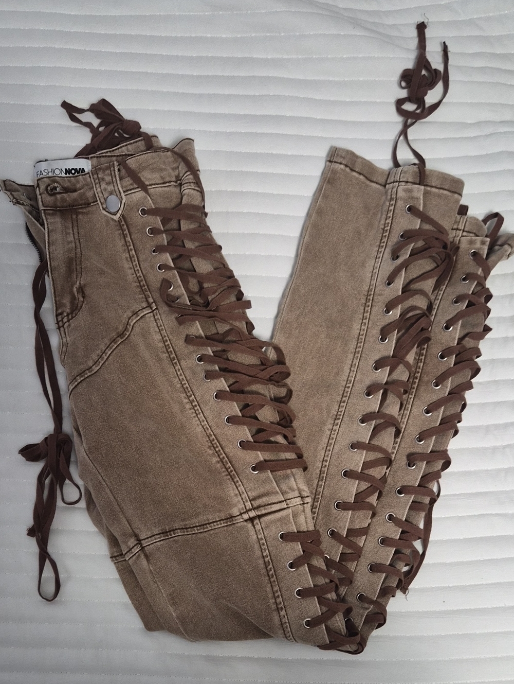 Fashion Nova Brown Lace-Up Washed Denim Jeans